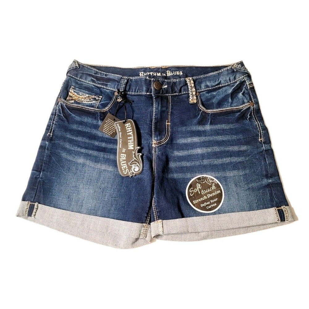 Rhythm in Blues Embroidered Bling Premium Cuffed Boyfriend Jean Shorts Size 10